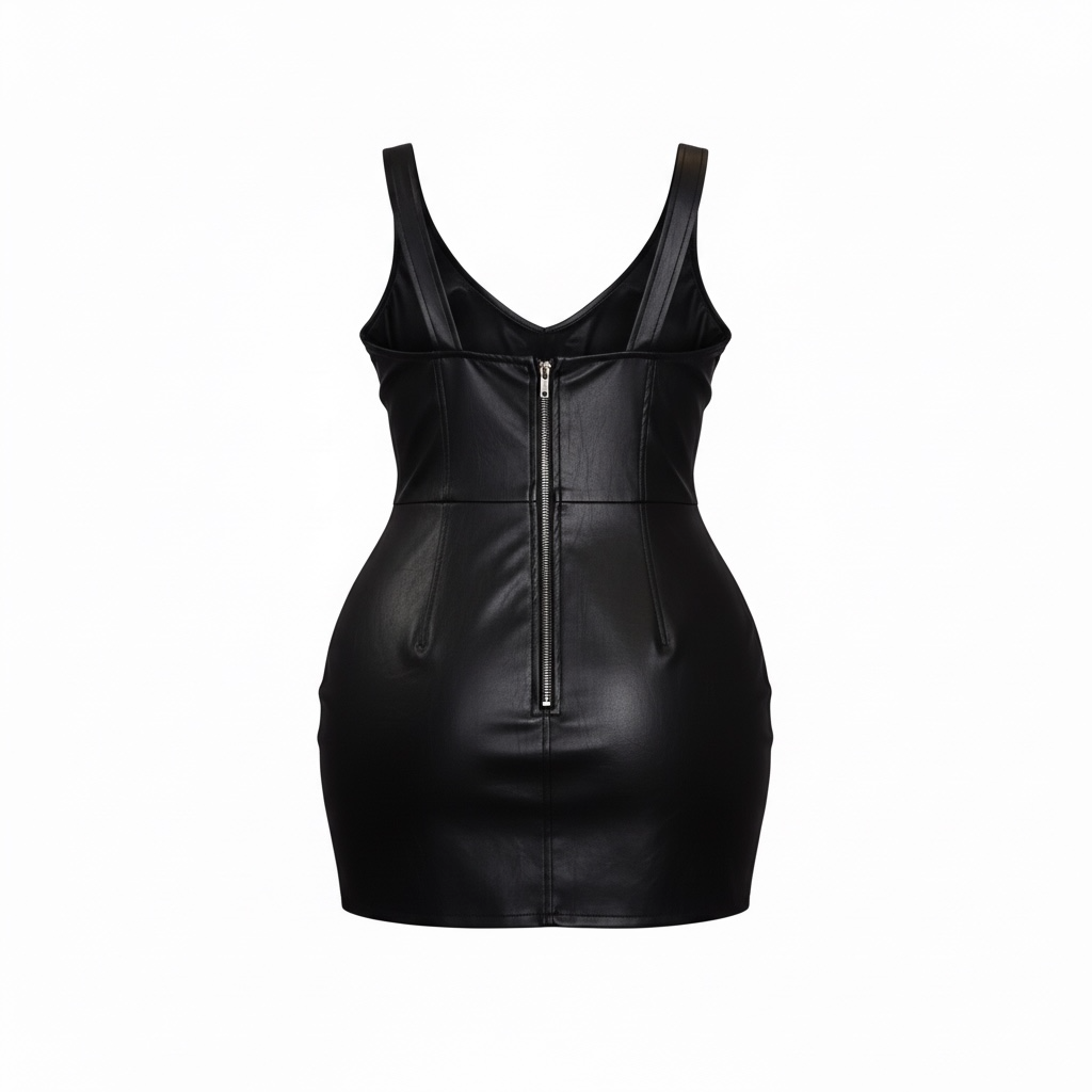 Black Faux Leather Heart Detail Bodycon Mini Dress Set – Stretch Scoop Neck Zip Front