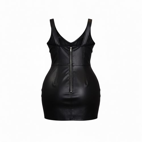 Black Faux Leather Heart Detail Bodycon Mini Dress Set – Stretch Scoop Neck Zip Front