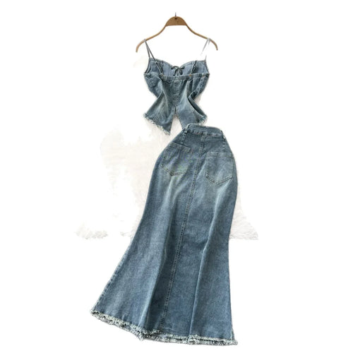 Denim Two Piece Skirt Set – Strap Top & High Waisted Maxi Skirt