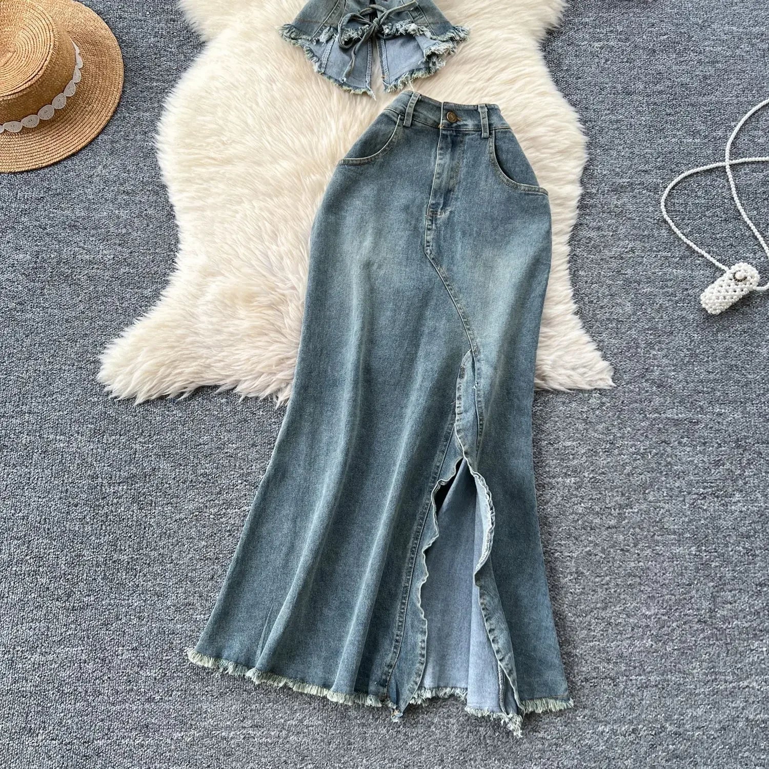 Denim Two Piece Skirt Set – Strap Top & High Waisted Maxi Skirt