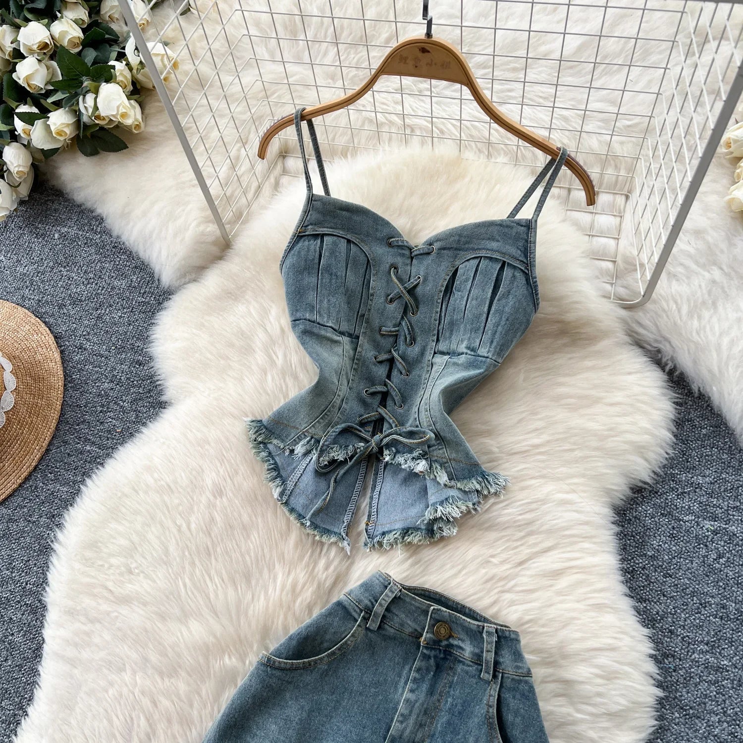 Denim Two Piece Skirt Set – Strap Top & High Waisted Maxi Skirt