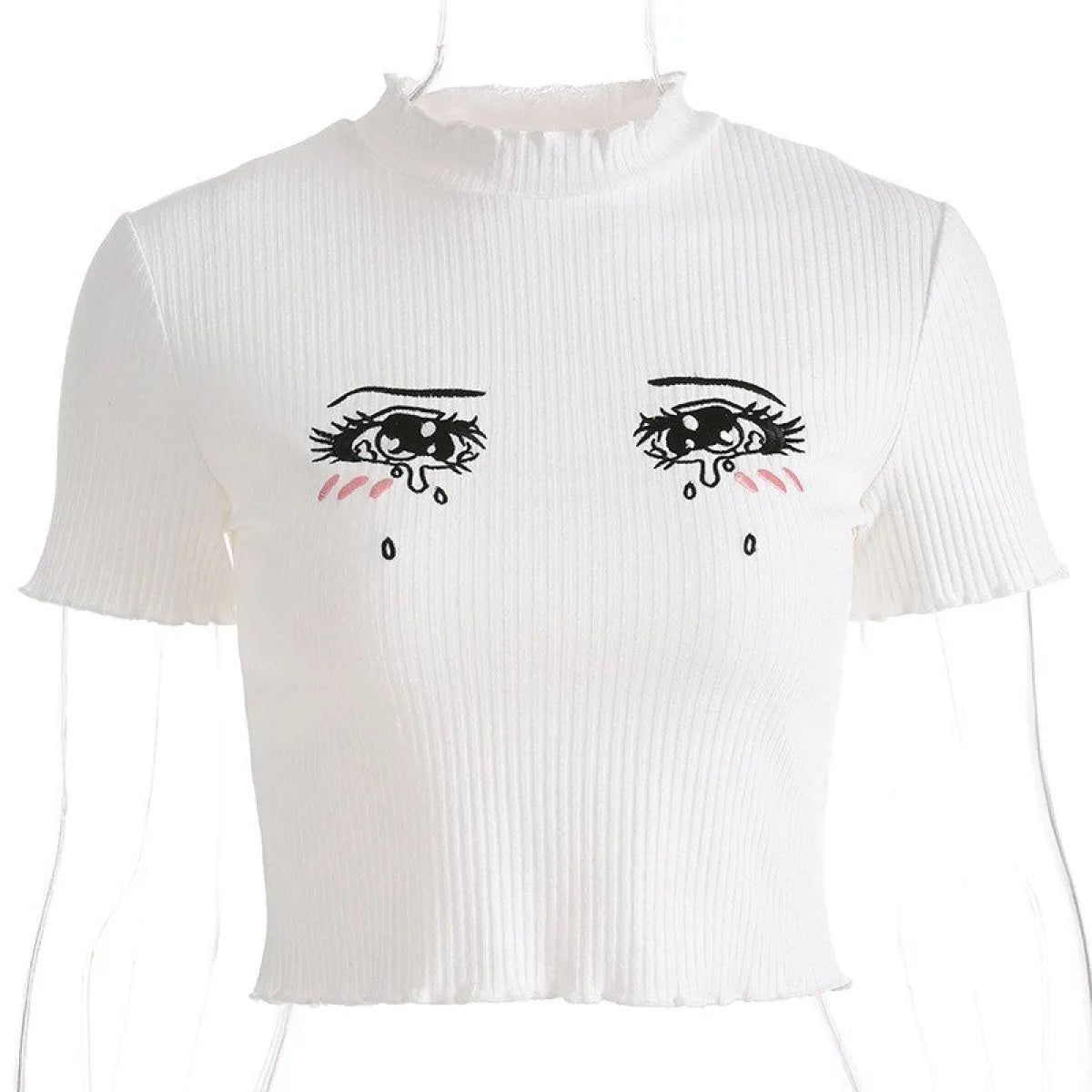 Anime Eyes Crop Top – Slim Fit White Graphic Tee (Soft Girl Streetwear)